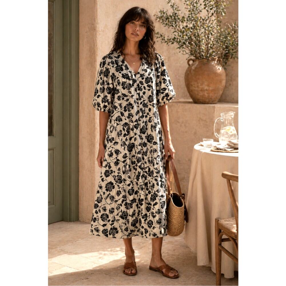 Zimmermann 0/US 4/AU 8 Lovestruck 100% LINEN Floral Midi Dress Puff Sleeve Black